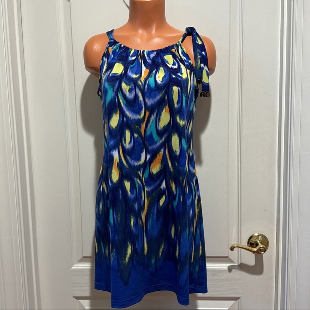 ALFANI Tank Sundress Peacock Print Blue Yellow Turquoise PS SP EUC $70
